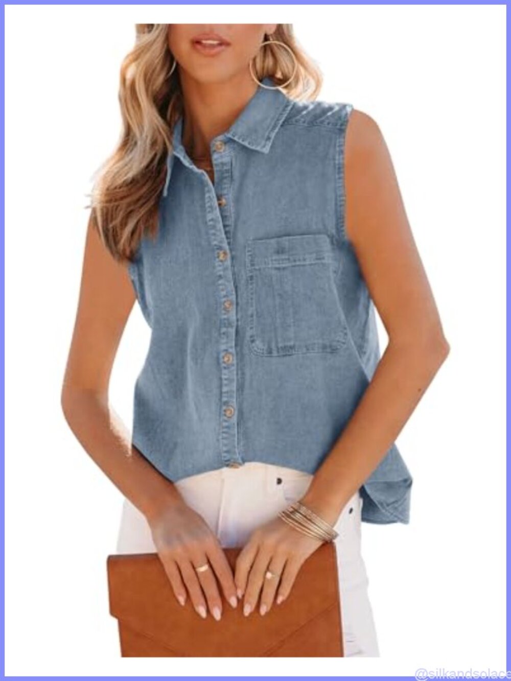 Denim Tank Top V Neck Button Down Sleeveless Collared Casual Blouse 100% Cotton